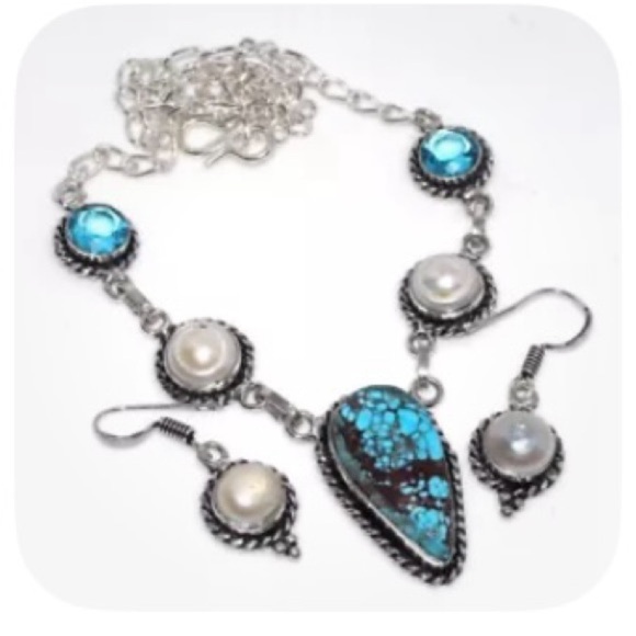 Turquoise and Pearl Gemstone Necklace and Earrings Set - Picture 1 of 5